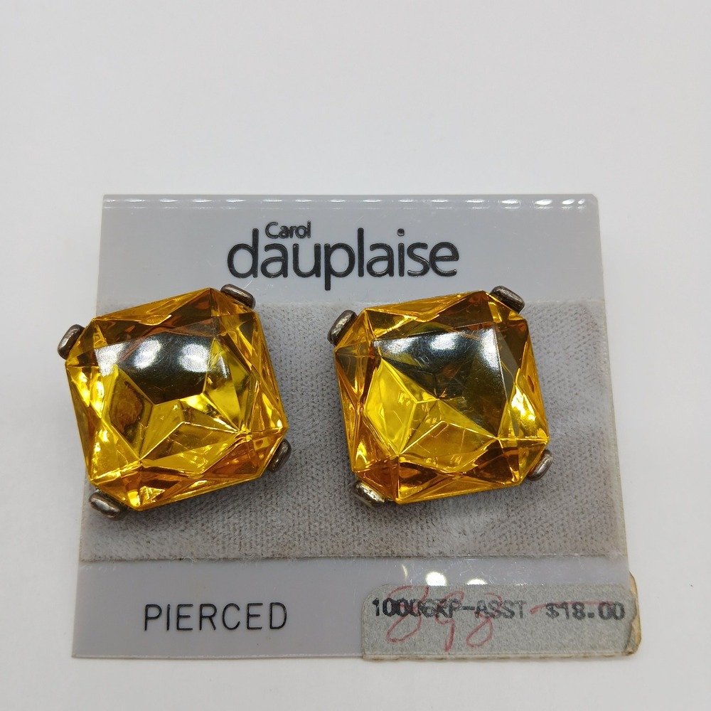 Carol Dauplaise Amber Yellow Square Crystal Stud Earrings Pierced Silver Tone
